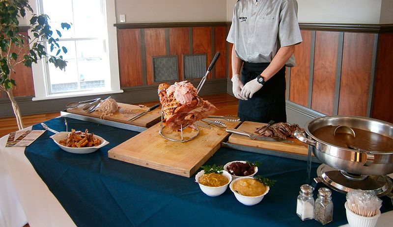 buffet table with food on it